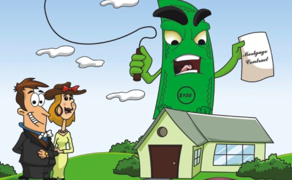The cover scene: a dollar bill with a whip and a mortgage contract standing over a couple and their house