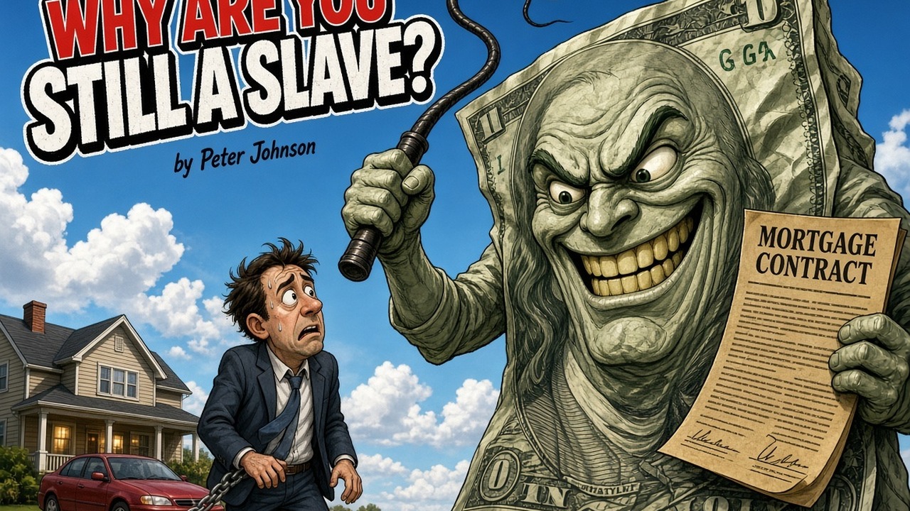 The cover scene redrawn: a dollar bill with a whip and a mortgage contract looming over a worried homeowner